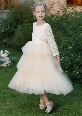 MCieloLuna Lace Applique Long Sleeves Flower Girl Dress for Wedding Birdesmaid Puffy Tulle Birthday First Communion Dress in Saudi Arabia