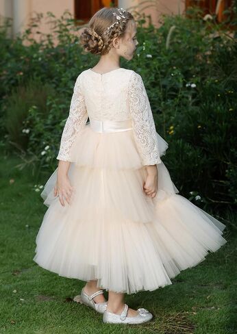 MCieloLuna Lace Applique Long Sleeves Flower Girl Dress for Wedding Birdesmaid Puffy Tulle Birthday First Communion Dress in Saudi Arabia