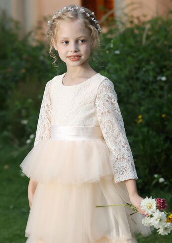 MCieloLuna Lace Applique Long Sleeves Flower Girl Dress for Wedding Birdesmaid Puffy Tulle Birthday First Communion Dress in Saudi Arabia