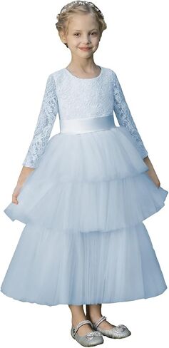 MCieloLuna Lace Applique Long Sleeves Flower Girl Dress for Wedding Birdesmaid Puffy Tulle Birthday First Communion Dress in Saudi Arabia