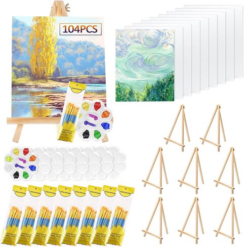 52 Pcs Art Painting Kit Supplies Set for Kids to Party - 4 Packs of 40 Brushes, 4 Wood Easels(8 * 12in), 4 Canvas Panels(8 * 10in) & 4 Palettes(5in), No Paint in Saudi Arabia