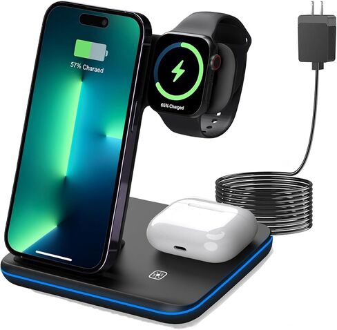 Wireless Charger, Criacr 3 in 1 Wireless Charging Station for Apple iPhone 15/14/13/12/11/Pro/Max/XS/XR/X/8/Plus, iWatch, AirPods 3/2/Pro,Travel Charger for Multiple Devices in Kuwait