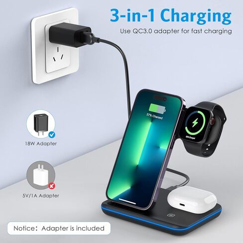 Wireless Charger, Criacr 3 in 1 Wireless Charging Station for Apple iPhone 15/14/13/12/11/Pro/Max/XS/XR/X/8/Plus, iWatch, AirPods 3/2/Pro,Travel Charger for Multiple Devices in Kuwait