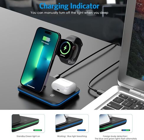 Wireless Charger, Criacr 3 in 1 Wireless Charging Station for Apple iPhone 15/14/13/12/11/Pro/Max/XS/XR/X/8/Plus, iWatch, AirPods 3/2/Pro,Travel Charger for Multiple Devices in Kuwait