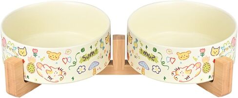 SPUNKYJUNKY Ceramic Dog and Cat Bowl Set with Wooden Stand, Modern Cute Weighted Food Water Bowl Set for Medium Size Dogs (3.6 Cups, 2 × Doodle-Latte) in Saudi Arabia