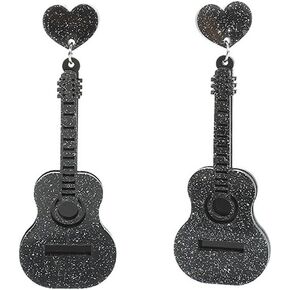 Acrylic Punk Glitter Pink Music Guitar Earrings for Women Girls,Guitar Heart Drop Dangle Earrings,Retro Rock Band Lovers Singer Concert Party Jewelry
