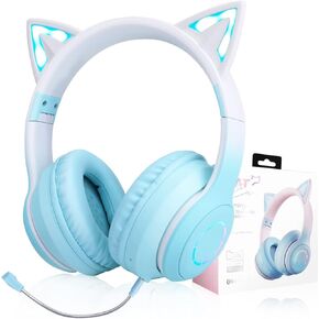QearFun Car Ear Bluetooth Headphones Foldable, 7 Colors Led Light Up Kids Adults Girls Over Ear Wireless Headphones with Built-in Mic & 3.5mm Jack, Cat Gaming Headset for iPad/Tablet/PS4/PS5 Purple