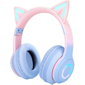 QearFun Car Ear Bluetooth Headphones Foldable, 7 Colors Led Light Up Kids Adults Girls Over Ear Wireless Headphones with Built-in Mic & 3.5mm Jack, Cat Gaming Headset for iPad/Tablet/PS4/PS5 Purple