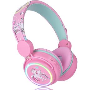 Kids Headphones Unicorn, Color Changing LED Light Wireless Bluetooth Headphones for Kids Girls Boys School, Anime Over-Ear Bluetooth Headphones with Microphone for Tablet/ipad/Travel (Pink)