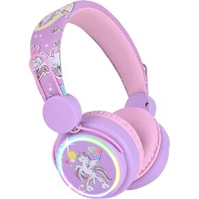 Kids Headphones Unicorn, Color Changing LED Light Wireless Bluetooth Headphones for Kids Girls Boys School, Anime Over-Ear Bluetooth Headphones with Microphone for Tablet/ipad/Travel (Pink)