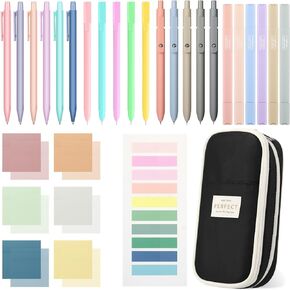 Lincia 30 Pcs Aesthetic School Supplies 6 Cute Mechanical Pencil 5 Colored Ballpoint Pen 5 Quick Dry Pen 6 Pastel Highlighter 6 Transparent Sticky Note Sticky Index Tab Pencil Case for Office(Blue)