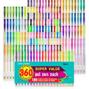 feela 360 Colors Gel Pens Set 180 Unique Gel Pen Plus 180 Refills for Adult Coloring Books Drawing