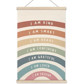 HRQKO I Am Kind Smart Inspirational Poster Hanger Frame, Boho Rainbow Wall Art with Wooden Frames, Positive Affirmation Hanging Banner Decor for Nursery Toddler Room, Mental Health Decor, 12x16 inch