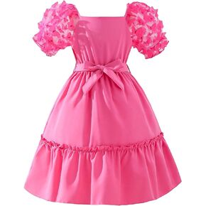 WDIRARA Girl's Contrast Mesh Butterfly Appliques Square Neck Short Puff Sleeve Cute Flounce Hem Midi Dress