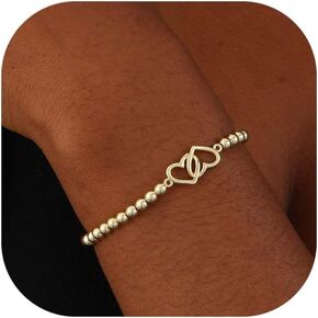 Gold Bracelets for Women 14K Gold Plated Beaded Bracelets Gold Stretch Bead Bracelet Handmade Ball Charm Bracelet Dainty Gold Jewelry Gifts for Women Girls