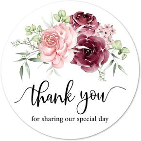 Burgundy Floral Thank You Stickers, 2 Inch Wedding Bridal Baby Shower Party Labels 40pack