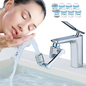1080°Swivel Filter Faucet Extender Aerator - 8 Pcs Replacement Water Filter, 1080°+360°Rotating Robotic Arm 2 Mode Splash Filter, Solid Brass Faucet Sprayer Universal For Bathroom Kitchen Laundry Sink