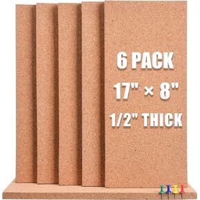 SUNGIFT Cork Board Tiles 1/2" Thick, 12 Pack Cork Wall Board, 17 x 8 Inch Self-Adhesive Corkboards Wall Decor, Peel and Stick Cork Board Frameless with 100 PCS Pushpins for Office, School and Home