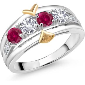 Gem Stone King 1.05 Ct Red Created Ruby White Created Sapphire 925 Silver and 10K Yellow Gold 4-Stone Lab Grown Diamond Band Ring