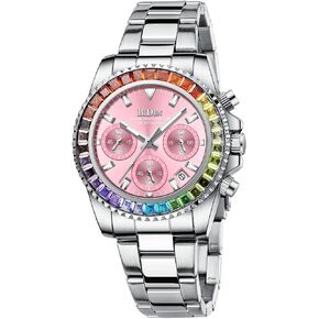 FANMIS Women Colorful Diamond Watch Chronograph Rotatable Bezel Mineral Glass Luminous Watch Stainless Steel Waterproof Date Analog Quartz Watch Fashion Business Dress Wrist Watch