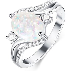 Opal Rings For Women 925 Sterling Silver White Oval Wedding Ring with Zirconia for Engagement Jewelry Gift for Wife Her