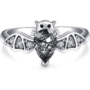 Bat Ring 925 Sterling Silver Bat Moonstone/Natural Black Rutilated Ring Gothic Jewelry Gifts for Women