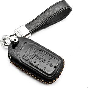 Fit for Honda Passport CR-V Accord Pilot Civic HR-V Insight Genuine Leather Smart Key Fob Case Cover Keyless Entry Protector, with Key Chain (5-Button, Black)