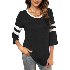 HOCOSIT Women's 3/4 Sleeve V Neck Henley Color Block Tshirts Summer Baseball Tunic Tops Boyfriend Blouse