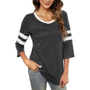 HOCOSIT Women's 3/4 Sleeve V Neck Henley Color Block Tshirts Summer Baseball Tunic Tops Boyfriend Blouse in Kuwait