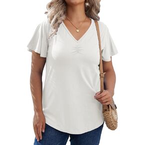Women's Plus Size Tunic Tops Summer Short Ruffle Sleeve V Neck Ruched T Shirt Casual Flowy Swing Blouse