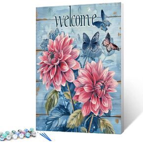"welcome" Sign Paint by Numbers for Adults Beginners-Paint by Number Vintage Wood Grain,DIY Butterfly and Dahlia Acrylic Paint by Numbers Kits on Canvas for Adults Beginner 16x20inch(With Frame)