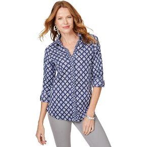Foxcroft Women's Plus Size Zoey Long Sleeve with Roll Tab Batik Bliss Blouse