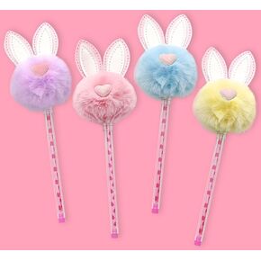 KRIZJUES Fluffy Fur Pom Pom Pens, Bunny Kawaii School Supplies Pens Cute Cartoon Gel Ink Pens Boys Girls Fun Pens Suitable for Writing, Gifts for Children and Teachers, Black Refill 0.5mm (4pcs)
