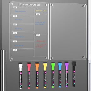2 Set of Acrylic Meal Planner for Fridge - Magnetic Weekly Menu Board with 8 Chalk Markers for to-Do List, Shopping List and Chore Chart - 8.3 x 11.7"