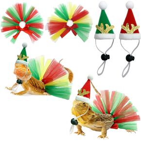 Vehomy 4Pcs Christmas Bearded Dragon Costume Christmas Bearded Dragon Santa Claus Hats Christmas Bearded Dragon Lizard Tutu Skirts Xmas Beardy Lizard Outfit for Chick Hamster Bird Parrot