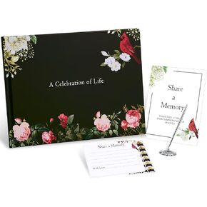 Funeral Guest Book, Celebration of Life Guest Book for Hardcover Green Cardinal Memorial Service Registry Decorations, Silver Pen and Memory Table Card Sign Included, Set of 5