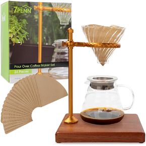 7Penn Pour Over Coffee Dripper Set - 2.5 Cup 3 Piece Manual Coffee Maker with 20 Paper Filters - 600mL Drip Coffee Pot with Lid and Decorative Brew Stand - Glass Carafe for Cold Brew or Loose Leaf Tea