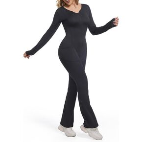 Asplresolar Jumpsuits For Women Long Sleeved Zip Up V Neck Wide Leg Rompers With Pockets One Piece Sexy Workout Yoga Playsuit