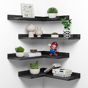4-Tier Corner Floating Shelves, Rustic Pine Corner Shelves Wall Mounted, L-Shaped Floating Corner Shelves for Wall Storage, Creative Corner Wall Shelves for Bedroom,Bathroom&Any Room-White