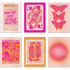 Funky Pink And Orange Preppy Coastal Cowgirl Apartment Decor Set of 6（12in x 16in）, Queen of Hearts Poker Aura Room Aesthetic Poster Hot Pink Preppy Dorm Wall Decor Office Decor, Unframed