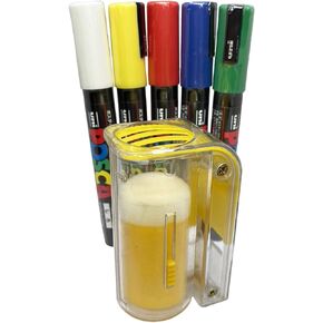 Queen Marking Kit – 5 POSCA Marking Pens (Green, Blue, Yellow, White and Red) with One-Handed Queen Marking Cage and Bee Family Car Stickers
