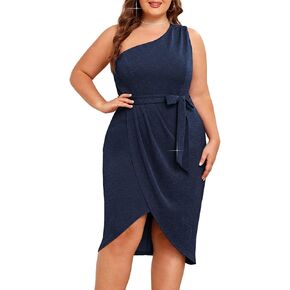 Hanna Nikole Women's Plus Size One Shoulder Glitter Party Dresses Glitter Wrap Hem Belted Cocktail Midi Dress