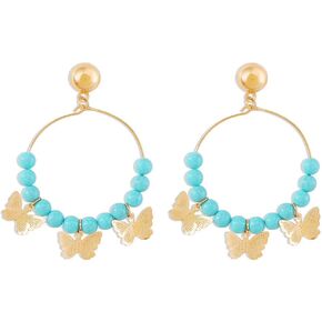 Butterfly Turquoise Hoop Dangle Earrings for Women Girls Gold Plated Big Round Circle Charms Blue Birthstone Ball Bead Western Statement Drop Dangling Stud Earrings Lightweight Bohemian Birthday Holiday Jewelry Gifts