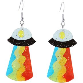 UFO Aliens Earrings for Women Girls Weird Flying Spaceship Acrylic Lightweight Statemment Dangle Drop Earrings Glitter Universe Life Animals Birthday Party Jewelry Gifts