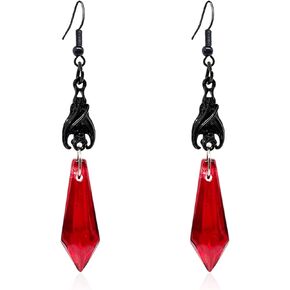 Gothic Dark Bat Dangle Earrings Vintage Red Black Crystal Gems Bat Earrings Punk Rock Style Bat Animal Earrings Halloween Costumes Earrings for Women Girls Jewelry
