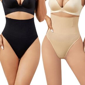 Women Tummy Control Shapewear Thongs 2 Pack High Waisted Control Knickers Slimming Underwear Body Shaper Panties