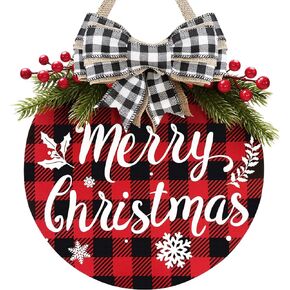 Christmas Wreath - Buffalo Plaid Xmas Decorations - Winter Wreaths Merry Christmas Sign for Holiday Rustic Farmhouse Front Door Porch Wall Window Outside Decorations
