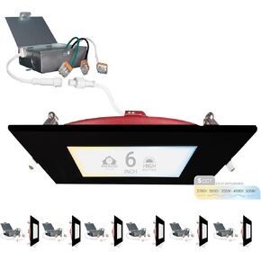 NUWATT 6 Inch 2 Hour FIRE Rated LED Recessed Light, 2700K/3000K/3500K/4000K/5000K Selectable, 1200 Lumen Dimmable, IC Rated, Square Black Trim Ultra-Thin Canless Downlight, No Tenmat Needed, 6 Pack
