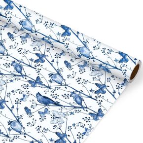 JarThenaAMCS Blue White Floral Wrapping Paper Mini Roll 17in x 32.8Ft Watercolor Flower Bird Butterfly Gift Wrap Paper for Wedding Birthday Baby Shower Holiday Party Wrapping Supplies