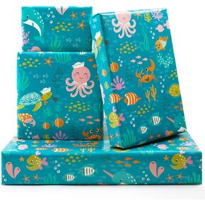 DXRJMB 7 Sheets Ocean Themed Birthday Wrapping Paper for Kids Girls Boys, Under the Water Animal Coastal Design Gift Paper, 20 x 28 inch Per Sheet Folded Flat Birthday Paper for Birthday Baby Shower